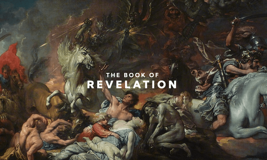 A painting of the book of revelation with an image of jesus being crucified.